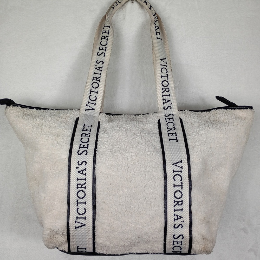 Victoria's Secret Sherpa Fleece‎ Tote Bag Cream Black Logo Strap Large Zip Top
